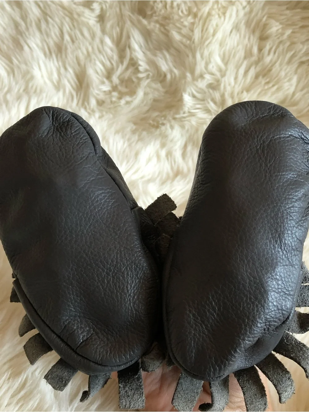 Lucky Love Gray Leather Soft Sole Baby Moccasins Fringe Crib Shoes | 3-6 months
